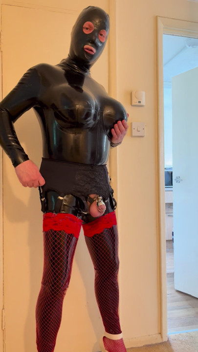 Big boob latex cat suit & chastity.