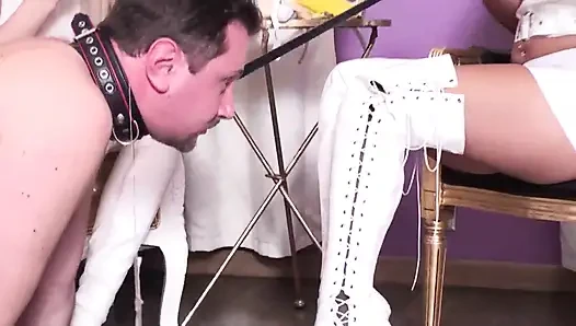 Latex babes tease their pathetic slave Joschi