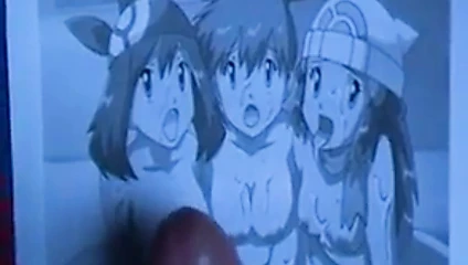Three anime girls cum on pokemon bitch