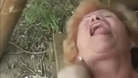 Hairy granny Effie anal outdoor