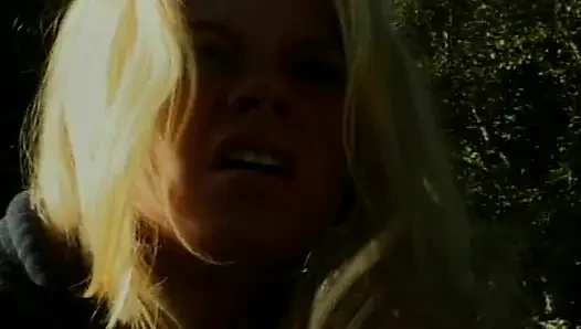 Big boobed blonde MILF rides dick in the backyard