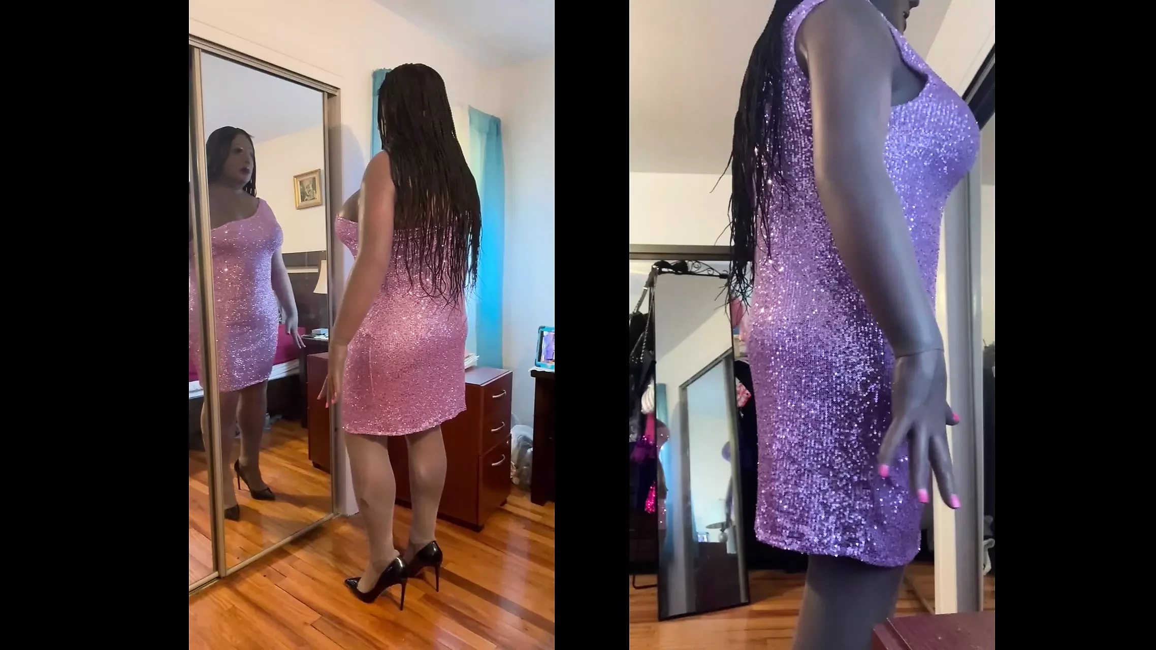 Svart brud Danae i lila glitterklänning