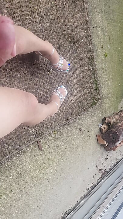 Outside With Silver Heels Cumming on Heels and Feet