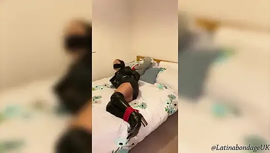 Latina in Leather Boots and Full Leather Outfit Tied Tight and Wrap Gagged (smaller Size)
