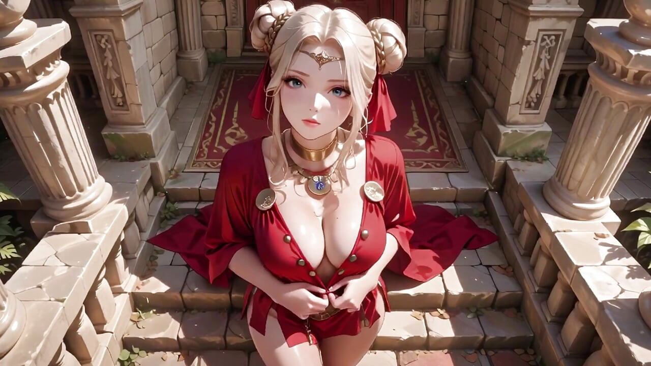 Blonde Goddess in Red! Forbidden Gaze in the Ancient Corridor, Deep V & High Slit teasing you.