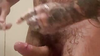 Hairy taking a shower