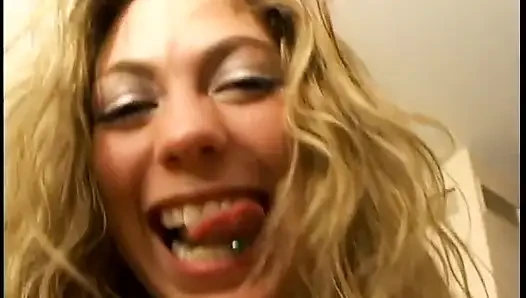 Curly haired whore enjoys licking dude's dick long time