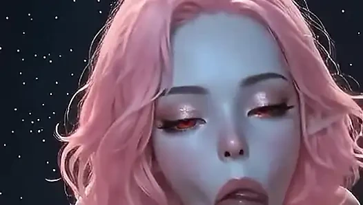 Pink-haired AI elf gives a blowjob, does a titjob, rides cowgirl-style, and ends up with cum dripping from her mouth