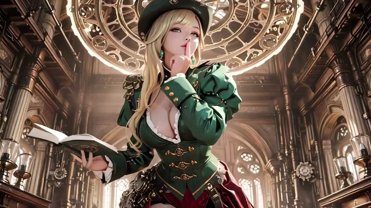 Steampunk Blonde Secretary! Lazy poses amidst giant gears, adjusting goggles with a teasing gaze.