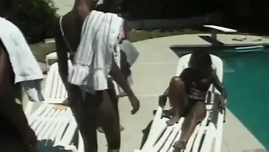 Vier sexy ebenholz-schätzchen am pool, muffentauchen und benutzen dildos zum ficken mit enger möse