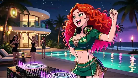 AI- DJ Girls in Private Exclusive Party - Beach Sunset + Tron Futuristic  + Tokyo Neon