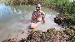 Unshaved Brunette Rubbing her Pussy with a Mud