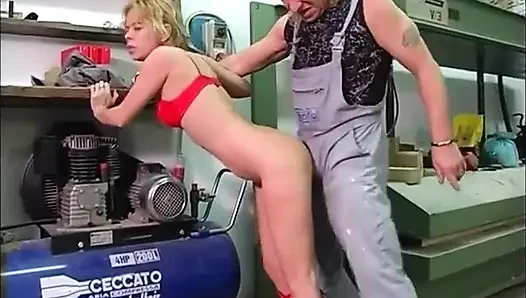Horny Fuck Pig in Red Lingerie Fucks a Craftsman in the Workshop