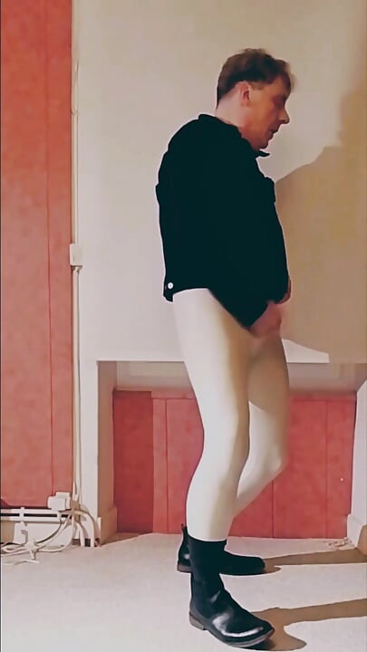 Masturbation through White Vinyl Leggings