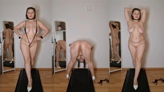 Капля сисечек на беговой дорожке - подпрыгивает на каблуках на полной теле