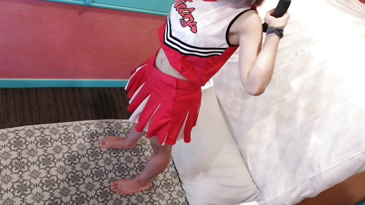 A cute, busty married woman does exercise 3 in a sexy cheerleader costume. Peeking down from above. Home made amateur Private Shoot