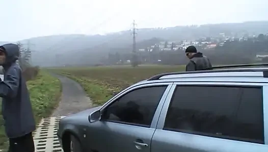 A crazy slut takes three big cocks