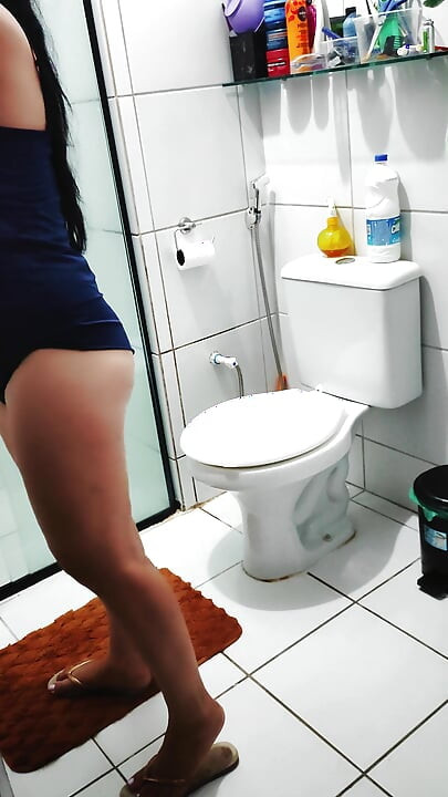 Sister-in-law thought she was alone, but was caught cleaning the bathroom after waking up while her husband was at work.