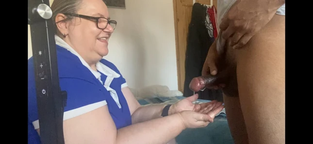Hot Milf BBW Nurse Loves Black Cock in her hands. Interracial Handjob