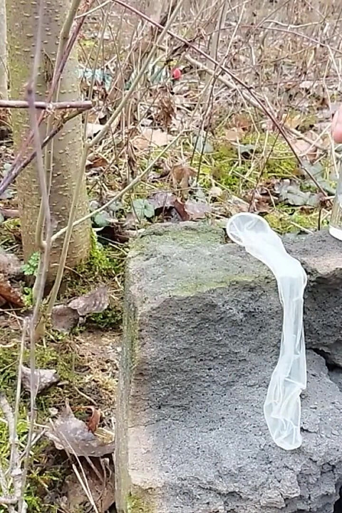 Making Cum From Two Filled Condoms After I Was Fucked Outdoors and My Jerk off After Cum Eating