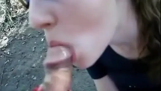 Blonde amateur slut gives horny blowjob outdoor with facial