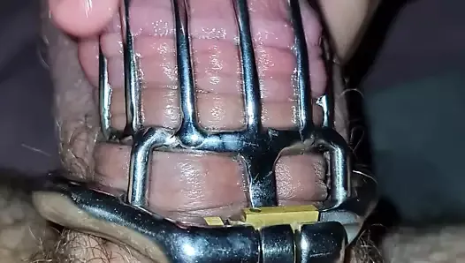 Wife teasing husband locked in chastity