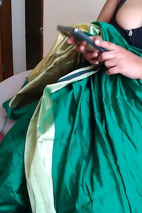 Telugu Stepaunty in Green Saree with Huge Boobs on Bed and Fucks Neighbor While Watching Porn on Mobile - Huge Cumshot