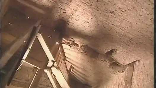 A blonde fingering her pussy in an ancient tower, finds a cock to fuck
