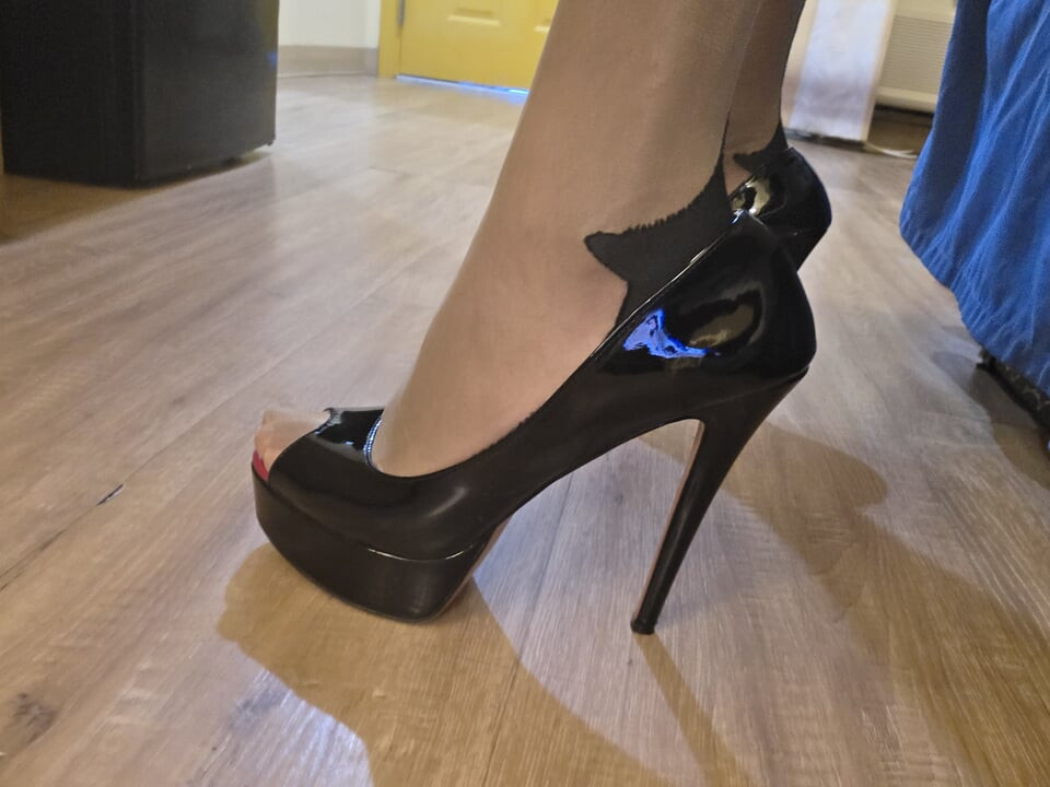 Black platform pumps and blue dress