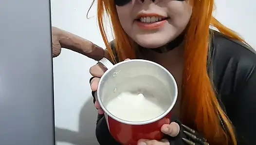 Big Tits Femboy Black Widow in Leather Bodysuit and Nosehook Eating Cum, Deepthroat and Gagging after Blowjob to Dildo