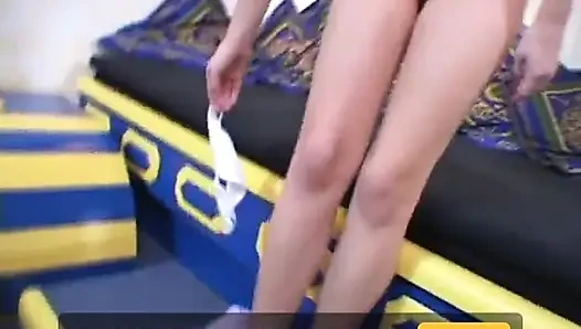 Camera guy pushes glass dildo into redhead teens tight cunt on a couch