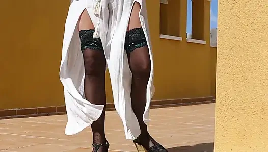 Outdoor Dildo Fucking Ass Spreading Anal Play in the Sun After Stripping in Stockings & Heels