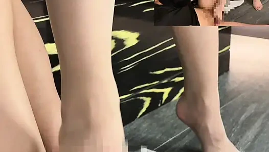 She make a stocking-loving masochist lick her toes and give him a footjob in pantyhose.