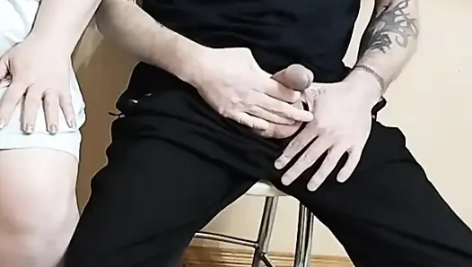 The Bitch Jerks off My Dick and Look at the Cum