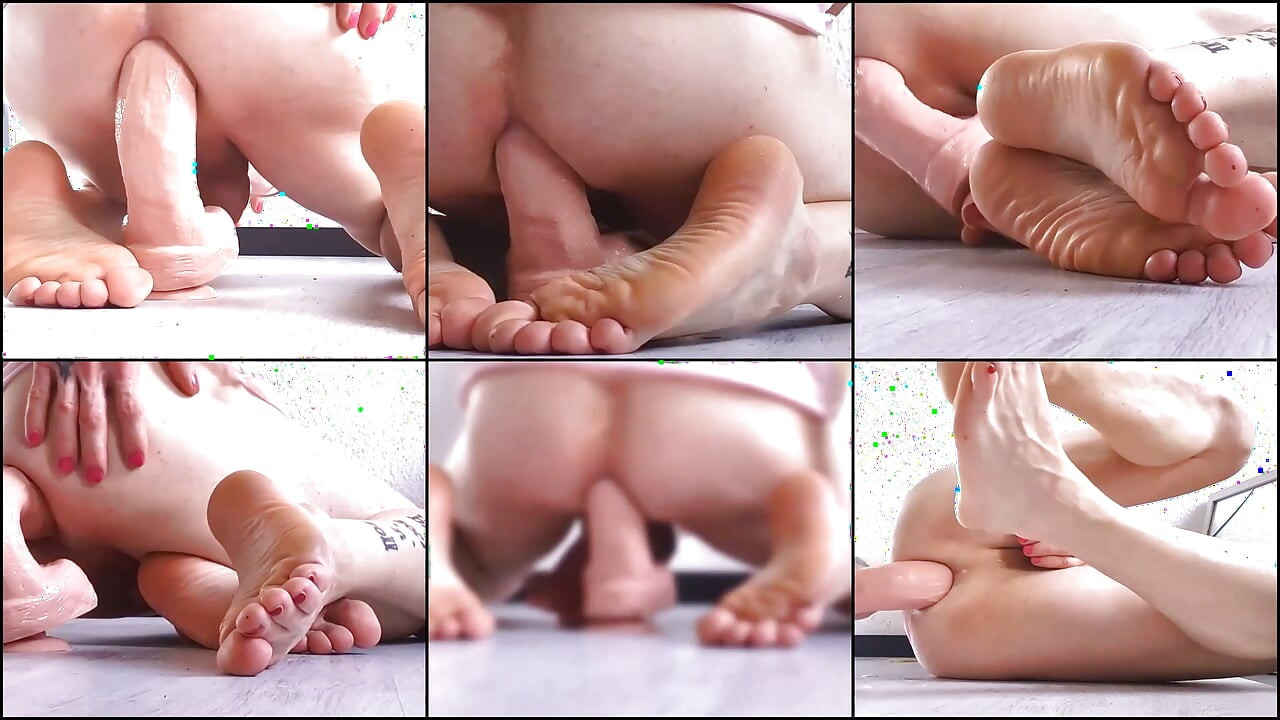watch my gorgeous feet while my hot shaved asshole swallows a big silicone cock closeup