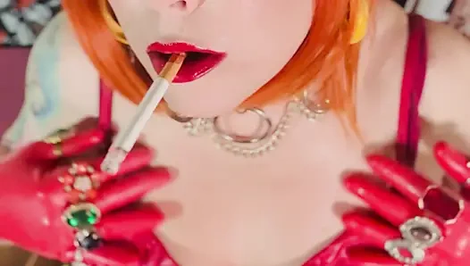 Lady In Red Is Smoking With Me...Tina Snua Smokes A Cork cigarette In Leather And Latex