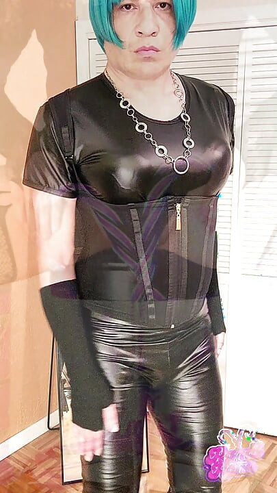 Super Sexy Sissy Slut Kandi swings her cock in her Black latex and boots PMV