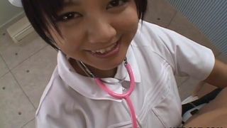 Asian nurse is sucking and titty fucking the cock