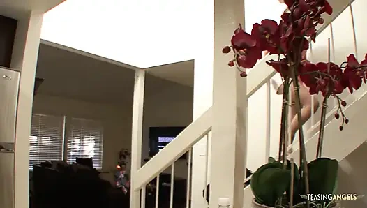 Sexy blonde plays with her shaved pussy and gets fucked without mercy