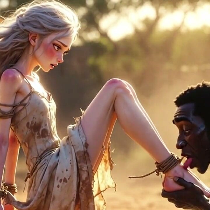 White Woman in Bondage - African Man Passionate Foot Licking