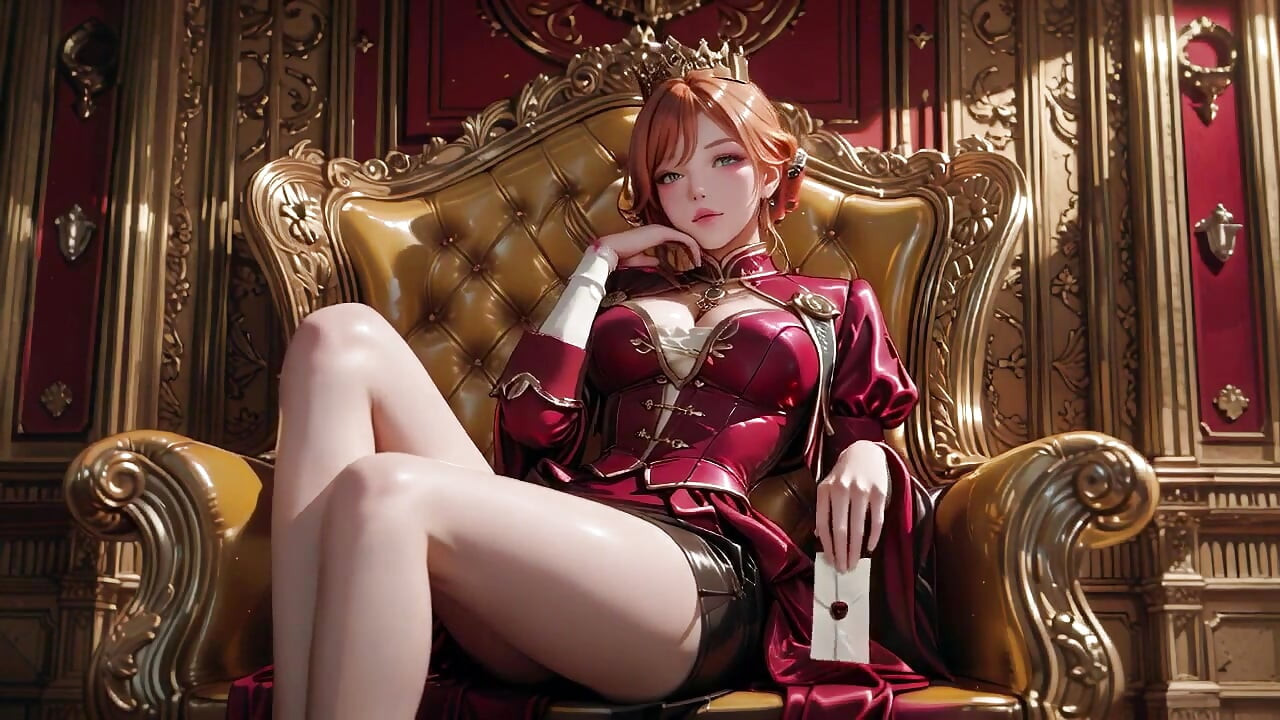 Red Queen op de Golden Throne! Diepe fluwelen jurk, luie kinsteun en een blik die je vastpint.