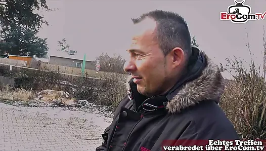 Fat German housewife with natural boobs fucked from the street