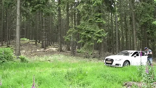 Atemberaubende blondine mit dicken möpsen wird im freien hart gefickt