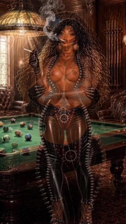 AI animation ebony island girl pool shark plays for keeps then dominates you smoking and demands you finish on her feet | Clip 2