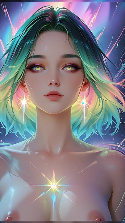 Kosmisk Neon Skønhed Portræt Med Lysende Øjne Drømmeagtig Fantasy Ai Art Slideshow