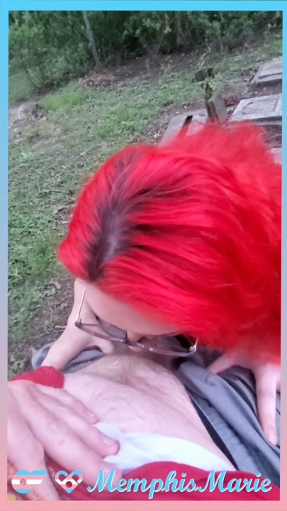 Shemale deepthroats and takes bareback creampie outdoors | Clip 1