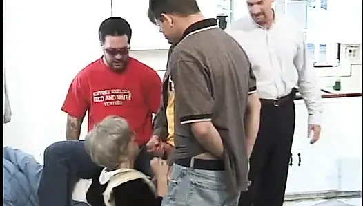 Horny granny knows pretty well how to handle gang bang