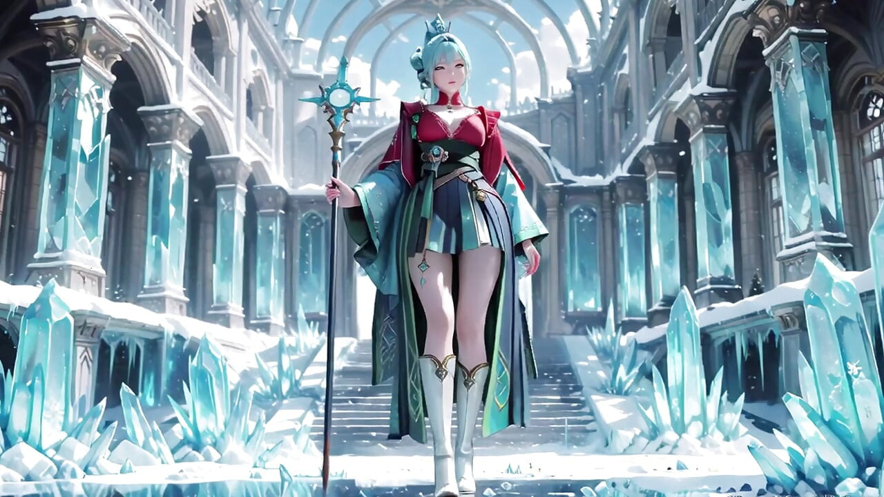 Ice Throne! Mage cu păr argintiu într-o rochie roșu-verde îngenuncheată, partener cu păr albastru tachinând într-un tărâm înzăpezit!