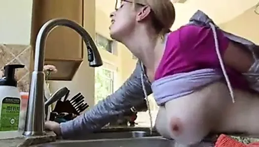 Huge boobs milf enjoying step son cock in kitchen