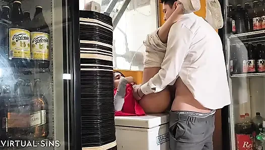 Boss fucks Oxxo cashier in the storeroom